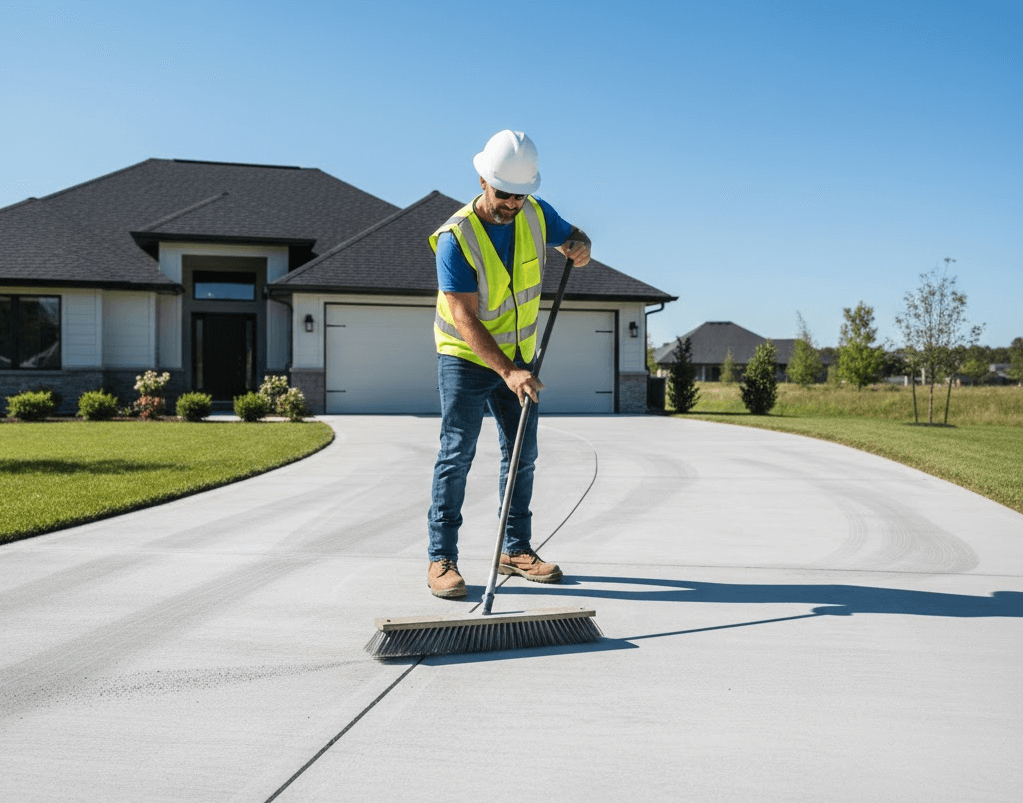 Service worker using a professional grade push broom to sweep a concrete driveway clean after a project.