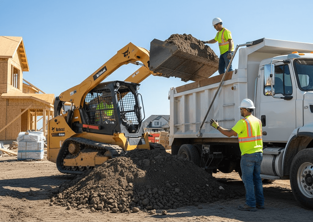Yellow Bobcat skid steer loader scooping dirt and gravel into the back of a large white dump truck on a construction site.