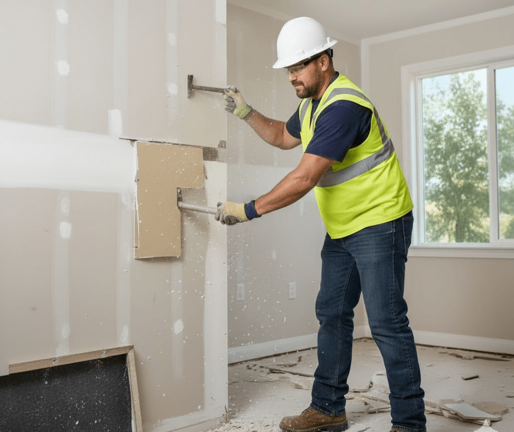 Construction worker in a hard hat and safety vest removing sheetrock and drywall during a home renovation.