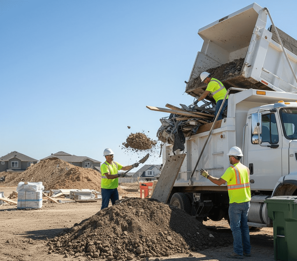 Side view of a heavy-duty dump truck being loaded with construction debris for hauling and disposal.